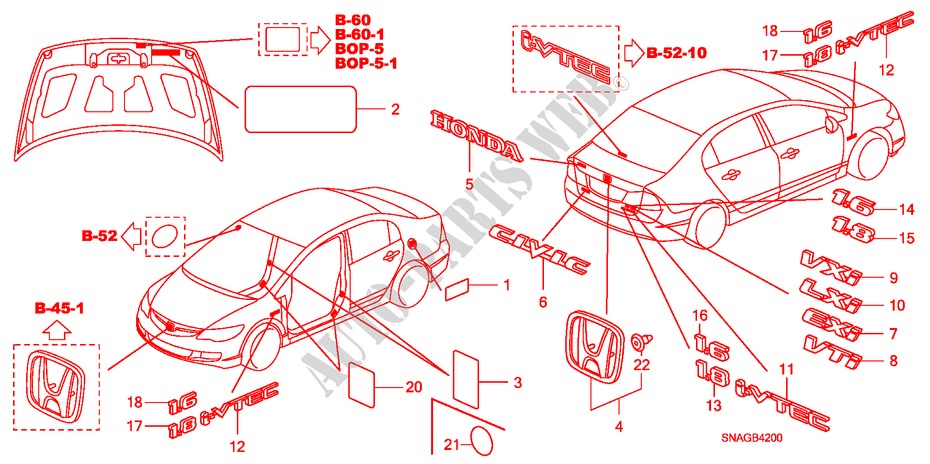 EMBLEME/ETICHETTE CAUZIONE per Honda CIVIC 1.8 SES 4 Porte 6 velocità manuale 2010