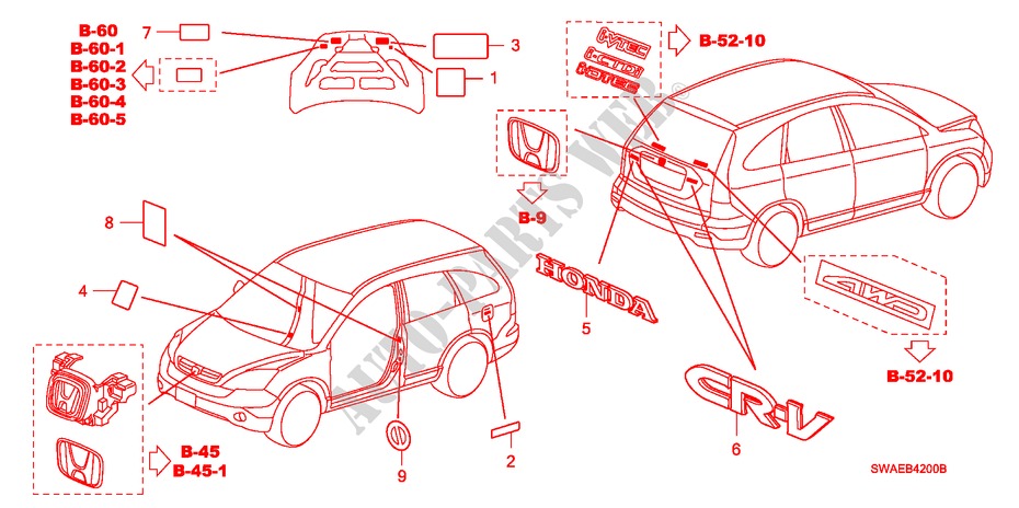 EMBLEME/ETICHETTE CAUZIONE per Honda CR-V RVSI 5 Porte 6 velocità manuale 2010