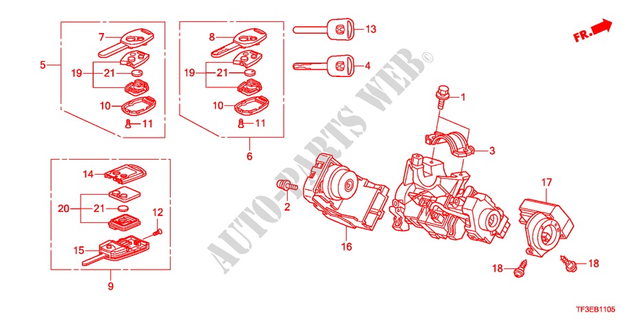COMPONENTI CILINDRO CHIAVE per Honda JAZZ 1.4ES    TEMP TIRE 5 Porte pieno automatica 2012