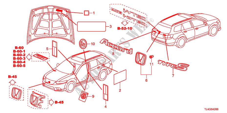 EMBLEME/ETICHETTE CAUZIONE per Honda ACCORD TOURER 2.0 ELEGANCE 5 Porte 6 velocità manuale 2012