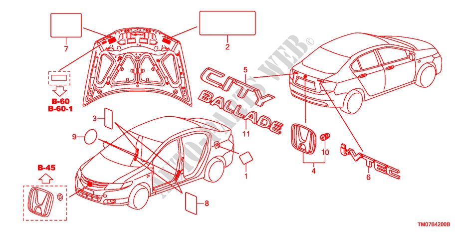 EMBLEME/ETICHETTE CAUZIONE per Honda CITY 1.4ES 4 Porte 5 velocità manuale 2010