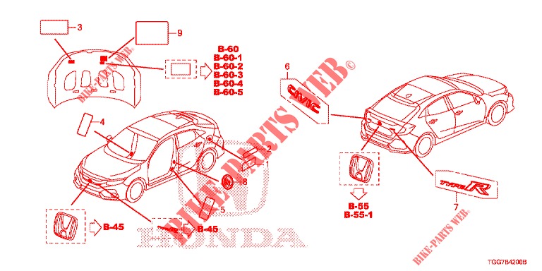 EMBLEME/ETICHETTE CAUZIONE  per Honda CIVIC  TYPE R 5 Porte 6 velocità manuale 2018